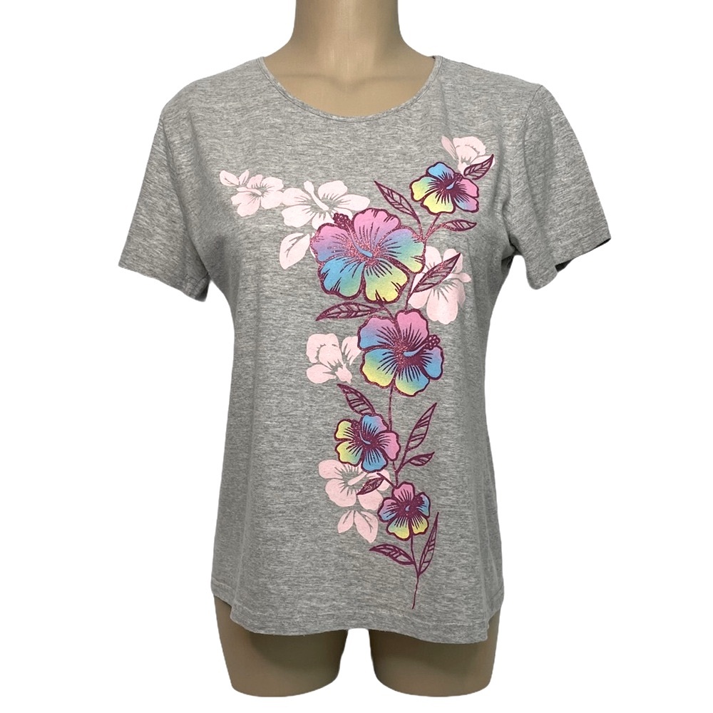 LAURA SCOTT Graphic Tee Shirt Heathered Gray Floral Screen Print Size Small